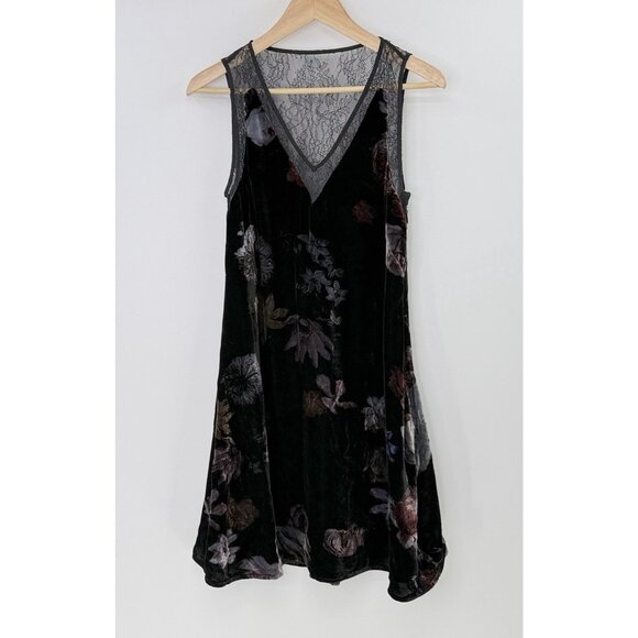 Black Velvet Floral Lined Dress Lace Accent Dark Romantic Whimsigoth See Measure - Picture 2 of 11